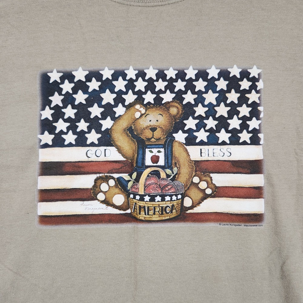 Vintage God Bless America Shirt Mens Large Beige Teddy Bear USA Flag Patriotic